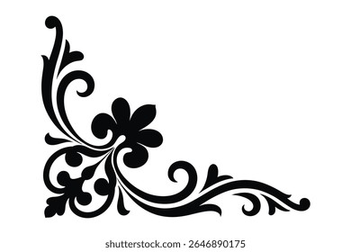 Decorative black corner flourish with ornate swirling leaves and floral elements, elegant motif vintage or classic design designs and borders

