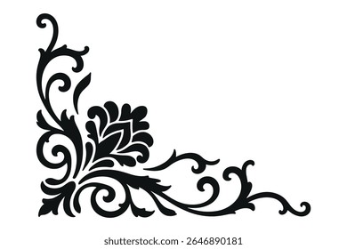 Decorative black corner flourish with ornate swirling leaves and floral elements, elegant motif vintage or classic design designs and borders

