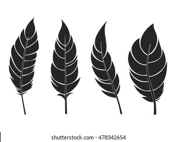 Decorative black flat feathers set. Icons isolated on a light background.Tribal objects. Vector illustration.