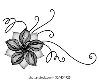 Decorative black floral element with stylized flower