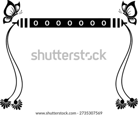 Decorative black frame with a flute in the center adorned with butterflies and floral on a white background for and borders Keywords: frame, border, flute