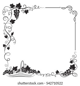 Decorative black frame formed by bunch of grapes, leaves, vignettes and basket with grapes. 