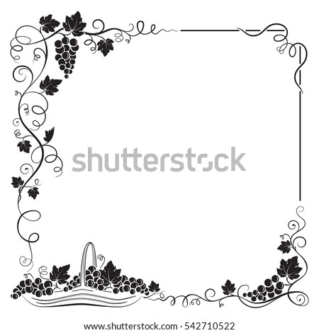 Decorative black frame formed by bunch of grapes, leaves, vignettes and basket with grapes. 