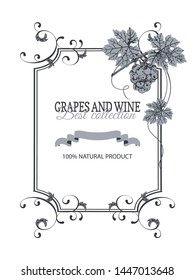 Decorative black frame with vignettes, bunch of grapes and leaves, blue on white background. Vector template packaging 
