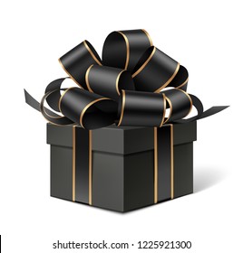 Decorative black gift box with golden bow isolated on white for black friday sale design. Vector illustration