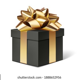 Decorative black gift box with golden bow isolated on white for black friday sale design. Vector illustration	