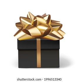 Decorative black gift box with golden bow isolated on white for black friday sale design. Vector illustration