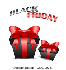 Caja de regalo negra decorativa con arco rojo y etiqueta de precio aislada en blanco para el diseño de venta de viernes negro. Ilustración del vector