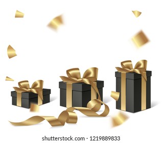 Decorative black gift boxes with golden bow and long ribbon isolated on white for black friday sale. Vector illistration. Holiday background