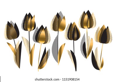 Decorative black and gold tulip flowers vector illustration on white backdrop. Elegant floral element for header, card, invitation, poster, cover and other web and print design projects 