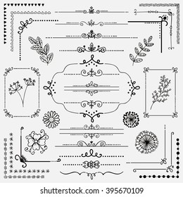 Decorative Black Hand Sketched Rustic Floral Doodle Corners, Branches, Frames, Dividers, Text Frames, Border Lines, Page Calligraphic Design Elements. Hand Drawing Vector Illustration. 