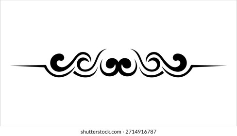 Eine dekorative schwarze horizontale Linie mit symmetrischen wirbelnden Mustern und wellenartigen Kurven, perfekt für elegante Design-Akzente