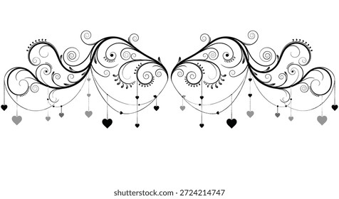 Borde decorativo de rollo de tinta negra con delicadas enredaderas, líneas punteadas y Pequeñas Formas de corazón colgantes en blanco.