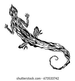 Decorative black isolated lizard on a white background (salamander), spectacular tattoo