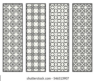 Decorative black lace borders patterns. Tribal ethnic arabic, indian, turkish ornament, bookmarks templates set. Isolated design elements. Stylized geometric floral border, fashion collection
