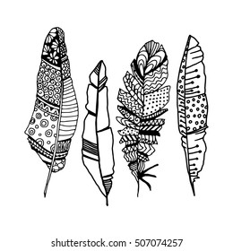 Decorative black line art doodle style tribal feathers