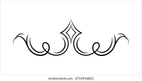 A decorative black line art element featuring symmetrical swirling flourishes and a central diamond motif, perfect for elegant designs