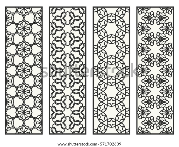 Decorative black line borders patterns. Tribal\
ethnic arabic, indian, turkish ornament, bookmarks templates set.\
Isolated design elements. Stylized geometric floral border, fashion\
collection