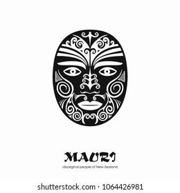 Decorative black Mask Maori on a white background. Vector hand drawn illustration.