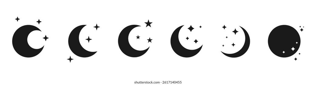 Decorative black moon shapes with stars - vector isolated on white. 