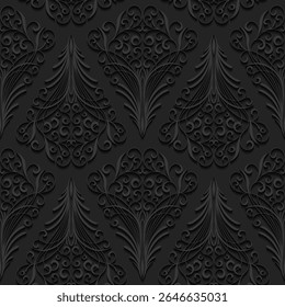 Um padrão decorativo preto com espirais intrincados e desenhos florais, adequado para fundos ou desenhos têxteis.