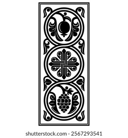 Decorative black pattern with symbolic plants and cross. Overlapping circles. Stencil for wood carving.