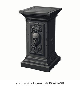 A decorative black pedestal featuring intricate carvings and a skull motif
