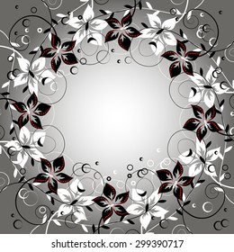 Decorative black, red and white pattern with the image of flowers, leaves.