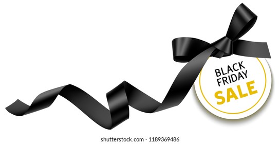 Decorative  black ribbon with bow and sale tag for black friday sale design on the corner of page. Vector illustration