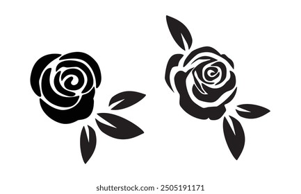 Rosa negra decorativa con hojas. Conjunto de siluetas de flores. Ilustración vectorial