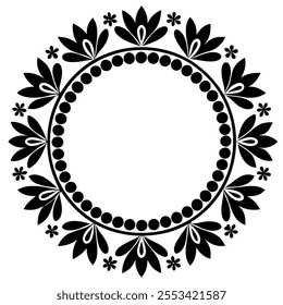 A decorative black round frame adorned with flowers, featuring a pattern inspired by traditional folk art ornaments. The design embraces Scandinavian style with a luxurious floral mandala, offering a 