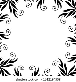 Decorative black round frame with branches. Luxury floral mandala. Oriental squared vintage illustration. Template design for invitation, poster, card, fabric,  textile. 