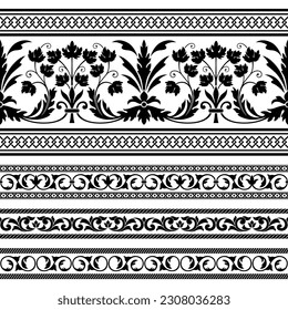 Decorative black seamless borders, classic art. Whimsical floral elements, acanthus. Stencils for furniture.