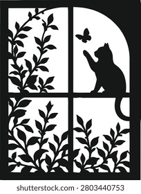 Decorative black silhouette featuring a playful cat reaching toward a butterfly beside leafy plants and a large moon inside a window frame. Ideal for wall art, home décor, stickers, Cricut, laser cutting, vinyl projects, and cat-themed designs.