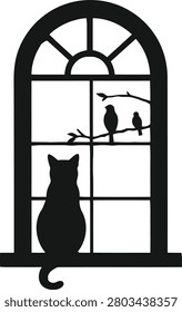 Decorative black silhouette featuring a sitting cat watching two birds perched on branches through an elegant arched window. Ideal for wall art, home décor, stickers, Cricut, laser cutting, vinyl projects, and cat-themed designs.