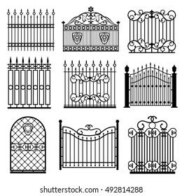 Decorative black silhouettes of fences with gates vector set. Decoration architecture lattice structure illustration