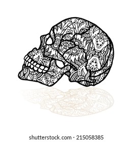 Decorative black skull with shadow, detailed lace pattern, creativity brain, ethnic ornament, Day of The Dead, vector illustration