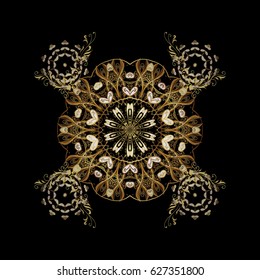 Decorative black snowflakes pattern. Golden design with doodles and golden elements. Vector on black background for Christmas.