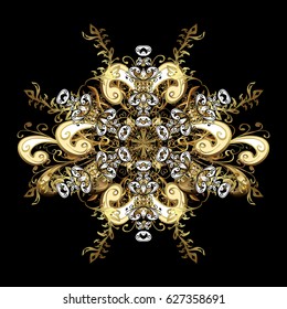 Decorative black snowflakes pattern. Golden design with doodles and golden elements. Vector on black background for Christmas.