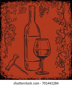 Decorative black square frame with bunch of grapes, grape leaves, swirls and wine bottle vector illustration on red background.