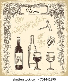 Decorative black square frame with bunch of grapes, grape leaves, swirls and wine bottle vector illustration.