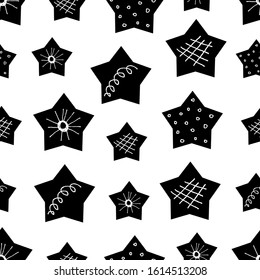 Decorative black stars with small elements seamless pattern. Vector illustration.