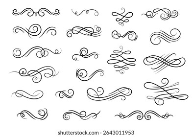 Decorative black swirls and flourishes in various designs on a white background, various loops, curls, and waves, creating an elegant and ornamental effect.