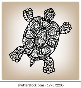 Decorative black turtle, hand drawn art in graphic tattoo style, tribal ethnic ornamental totem, detailed lace pattern