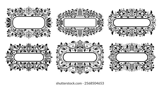 Decorative black vector frames featuring complex patterns with a classic touch. Perfect for vintage labels, invitations, and decorative art projects. Transparent background for easy use.