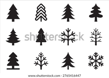 Decorative black vector icons showing stylized conifers and bare tree branches for winter seasonal design work.
