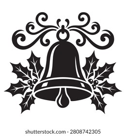 Decorative black vector illustration of a festive christmas bell surrounded by traditional holly leaves and flourishes