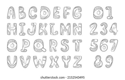 Decorative black and white alphabet decorated with lines and dots on a white background. Vector illustration.