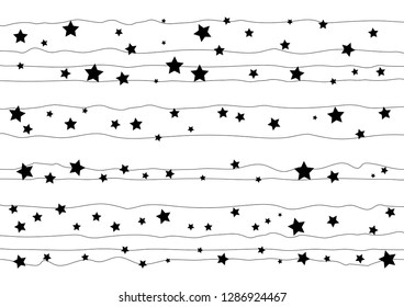 Decorative black and white background with black wavy lines and stars for decoration, poster, banner, greeting card, postcard, advertising, packaging, cover