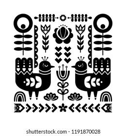 Decorative black and white composition with birds and decorative floral elements. Nordic ornaments, folk art pattern. Vector template for your design.